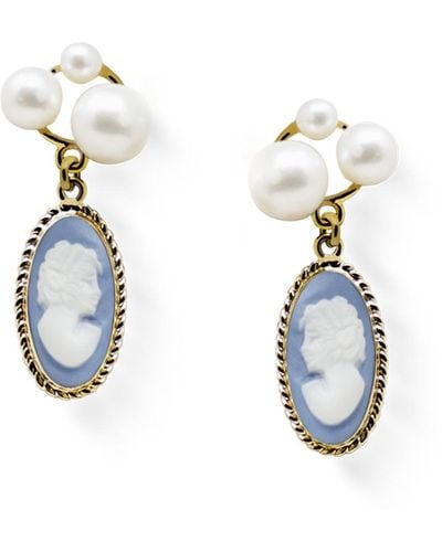 Vintouch Italy Lilith Gold-plated Sky Blue Cameo And Pearl Stud Earrings