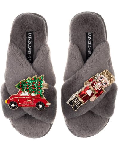 Laines London Classic Laines Slippers With Christmas Red & Gold Nutcracker  Brooch in Brown