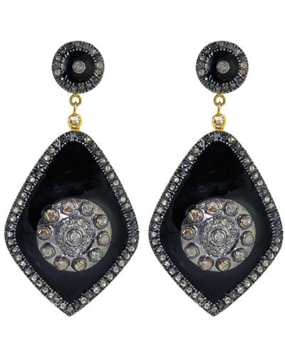 Artisan Diamond 14k Solid Gold Dangle Earrings 925 Sterling Silver Enamel Jewelry - Black