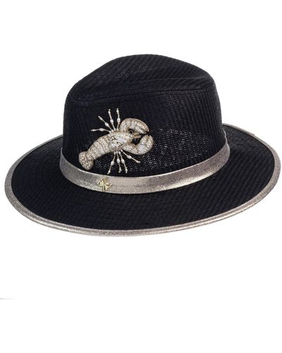 Laines London Straw Woven Hat With Pearl Beaded Lobster - Black