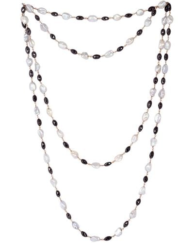 Artisan Natural Pearl Black Diamond Beads 18k Solid Gold Long Chain Necklace Jewelry - Metallic