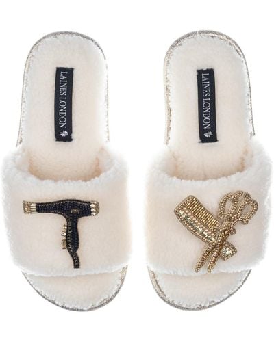 Laines London Teddy Toweling Slipper Sliders With Hairdresser Brooches - Metallic