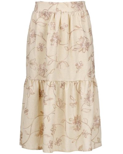 Conquista Neutrals Ecru Embroidered Floral Midi Skirt - Natural