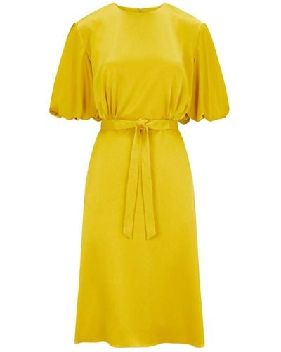 Femponiq Draped Puff Sleeve Satin Dress - Yellow