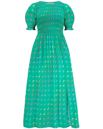Sugarhill Rosita Midi Shirred Dress , Undulating Waves - Green