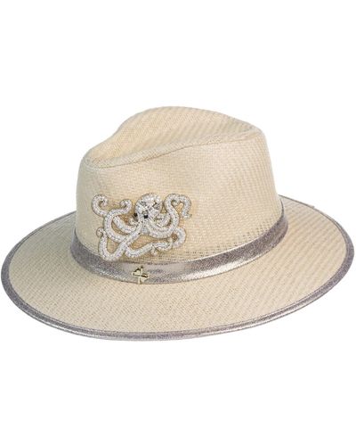Laines London Straw Woven Hat With Pearl Beaded Octopus - Natural