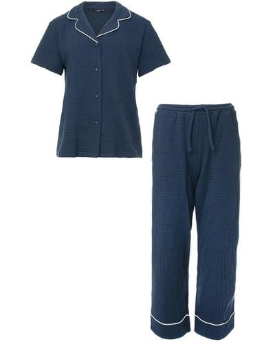 Pretty You London Luxury Suite Waffle Short & Shirt Trouser Set In Marine - Blue
