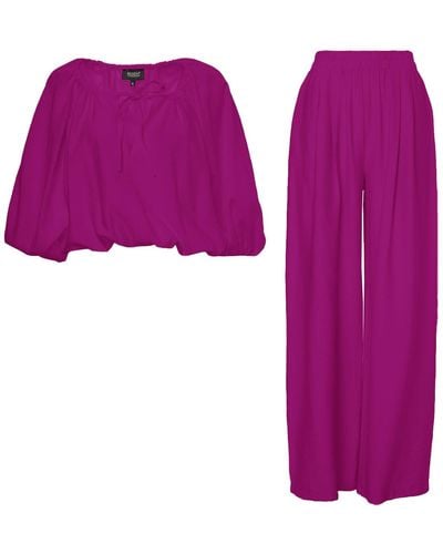 BLUZAT Fuchsia Linen Matching Set With Flowy Blouse And Wide Leg Pants - Purple