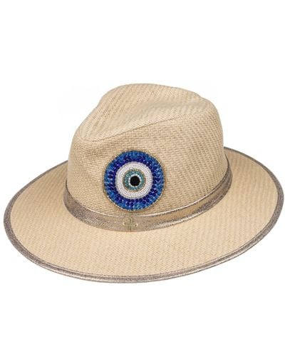 Laines London Neutrals Straw Woven Hat With Couture Embellished Evil Eye Design - Blue