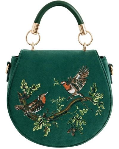 Fable England Fable Robin Love Embroidered Saddle Bag Fern Velvet - Green