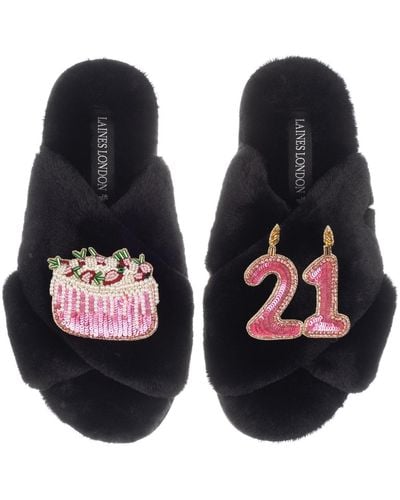 Laines London Classic Laines Slippers With 21st Birthday & Cake Brooches - Blue