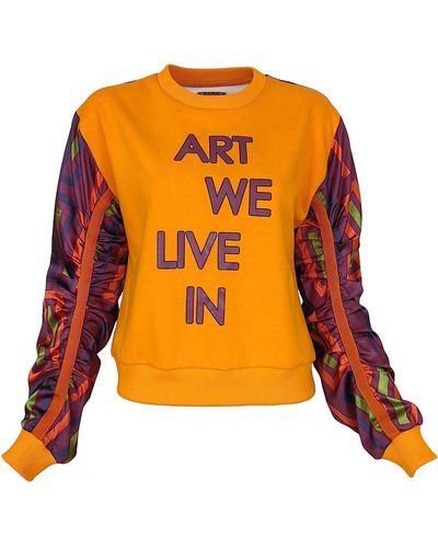 Lalipop Design Color Block Sweatshirt With Satin Puff Sleeves - Orange