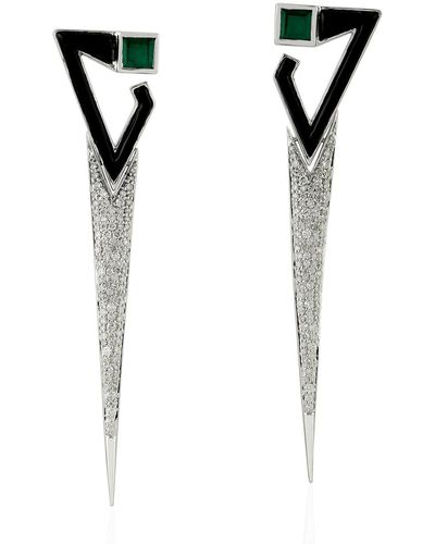 Artisan Emerald & Onyx With Pave Diamond Geometric Dangle Earrings In 18k White Gold - Black