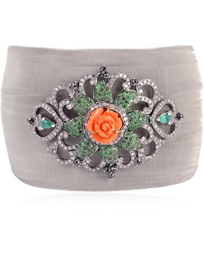 Artisan Natural Diamond & Emerald With Tsavorite 18k Gold 925 Silver Multicolour Carved Floral Bracelet - Grey