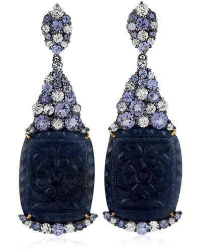 Artisan 18k Gold Carving Flower Sapphire Tanzanite Silver Dangle Earrings - Blue