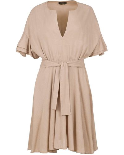 Conquista Beige Dress With Ruffle Sleeves - Natural