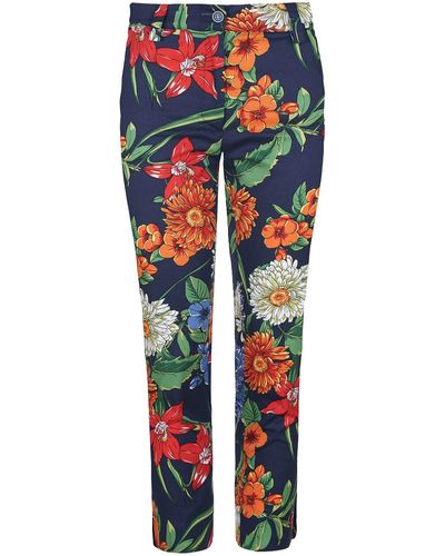 Conquista Floral Cotton Trousers In Red, Blue & Green Shades