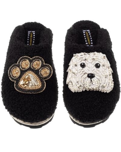 Laines London Teddy Towelling Closed Toe Slippers With Queenie & Paw Brooch - Black