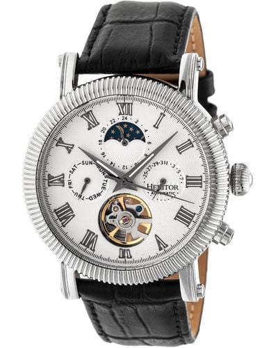 Heritor Winston Semi-skeleton Leather-band Watch With Day And Date - Black