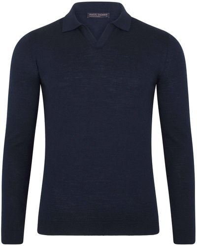 Paul James Knitwear S Ultra Fine Merino Pedro Buttonless Polo Shirt - Blue
