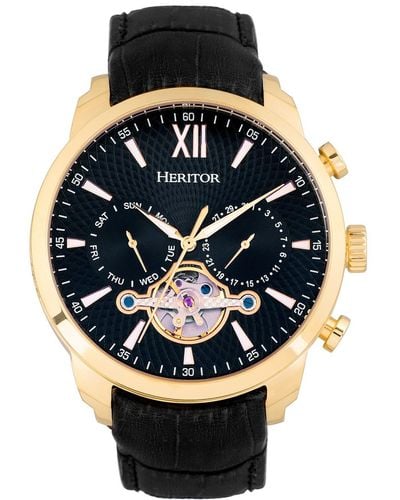 Heritor Arthur Semi-skeleton Leather-band Watch With Day And Date - Metallic
