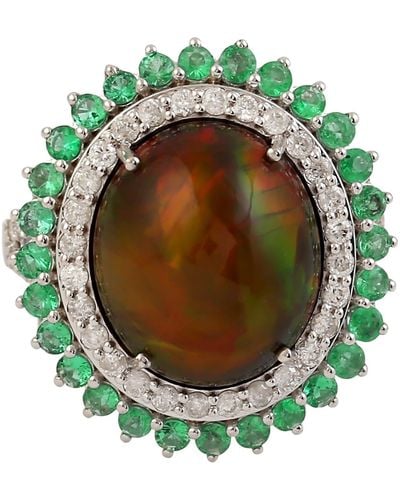 Artisan 18k White Gold In Oval Cut Opal & Emerald Pave Diamond Vintage Cocktail Ring - Green