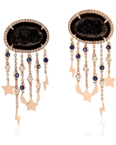 Artisan 18k Rose Gold With Diamond Geode & Blue Sapphire Dangle Earrings - Black