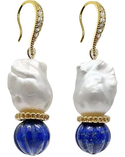 Farra Classic Baroque Pearls With Pumpkin-shaped Lapis Earrings - Blue