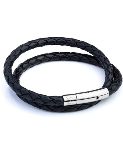 N'damus London Leather Double Plaited Bracelet With Silver Clasp - Black