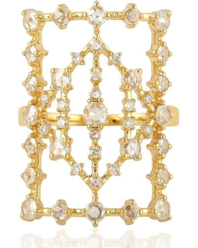 Artisan 18k Yellow Gold Genuine Diamond Square Shape Cocktail Ring Handmade Jewelry - Metallic