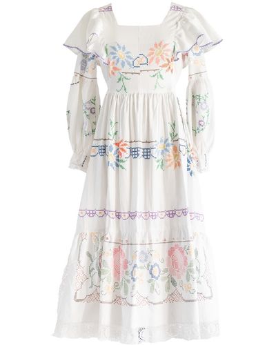 Sugar Cream Vintage Re-design Upcycled Vibrant Cross-stitch Floral Maxi Dress - White