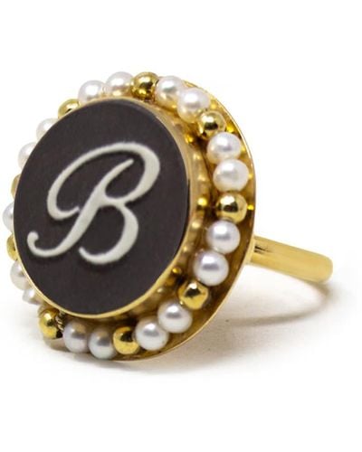 Vintouch Italy Gold Vermeil Black Cameo Pearl Ring Initial B - Metallic