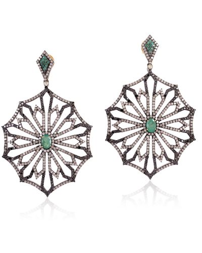 Artisan Genuine Emerald & Diamond Vintage Look Dangle Earrings In 18k Gold With 925 Starling Silver - Metallic