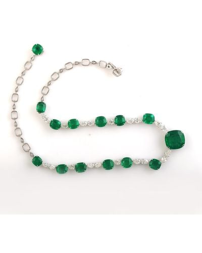 Artisan 18k White Gold In Cushion Cut Emerald & Rose Cut Diamond Choker Beautiful Necklace - Green
