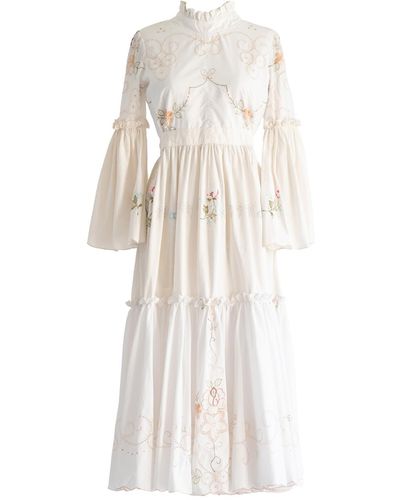 Sugar Cream Vintage Re-design Upcycled Fine Rose Embroidery Maxi Dress - White
