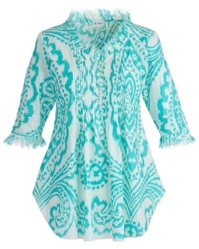 At Last Sophie Cotton Shirt In Turquoise & White Ikat - Blue