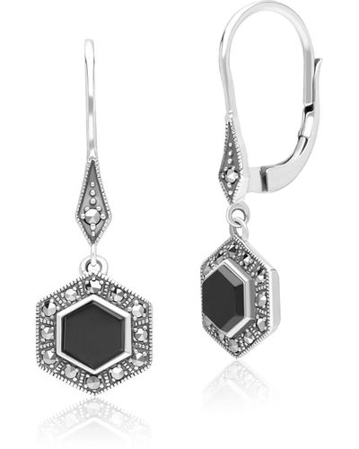 Gemondo Art Deco Style Hexagon Onyx & Marcasite Drop Earrings In Sterling Silver - Metallic