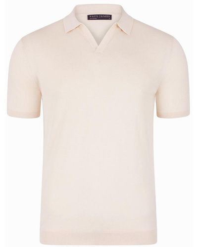 Paul James Knitwear Neutrals Ultra Fine Cotton Nathan Buttonless Polo Shirt - Natural