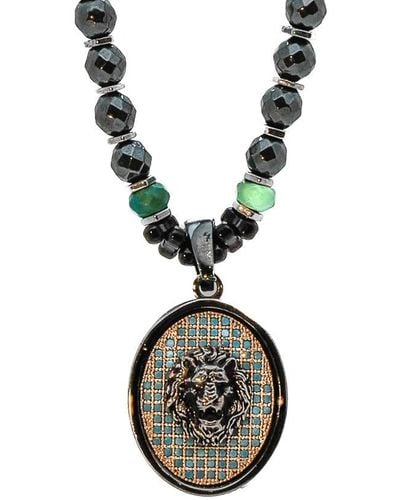 Ebru Jewelry Unique Silver Lion Hematite Beaded Necklace - Black