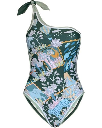 Jessie Zhao New York Garden Reversible One-shoulder One-piece Swimsuit - Blue