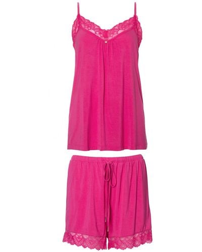 Pretty You London Bamboo Lace Cami Short Pajama Set In Raspberry - Pink