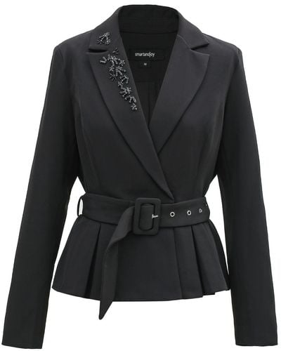 Smart and Joy Pleated Skirt Tailor Jacket With Embroidery - Black