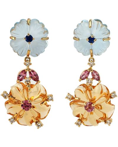 Artisan 18k Gold In Carving Mix Stone & Marquise Rhodolite Sapphire Diamond Flower Dangle Earrings - Metallic