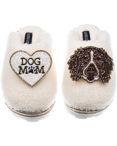 Laines London Teddy Closed Toe Slippers With Duke The Spaniel & Dog Mum / Mom Brooches - Metallic