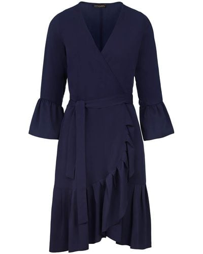 Conquista Navy Wrap Dress Viscose With Bell Sleeves. - Blue