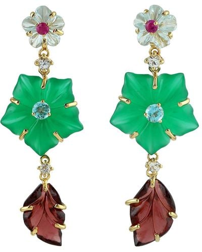 Artisan 18k Yellow Gold Carving Flower Dangle Earrings Onyx Garnet Topaz Ruby Jewelry - Green