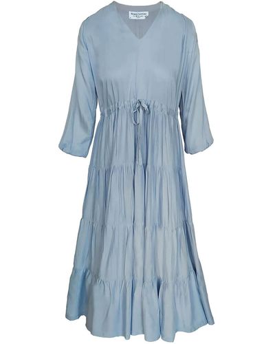 Haris Cotton Voile Viscose Maxi Dress With Balloon Sleeves And Drawstring - Blue