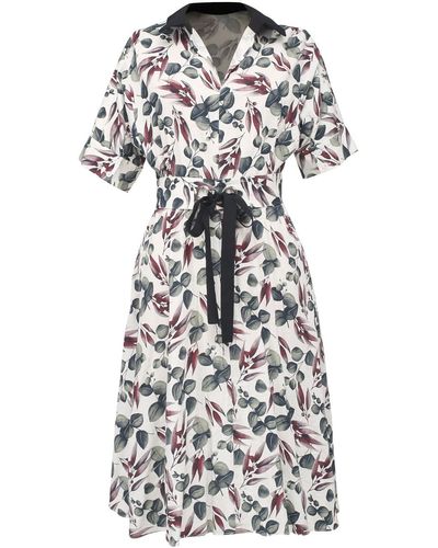 Smart and Joy Fit-and-flare Leaves Print Dress With Wide Belt - White