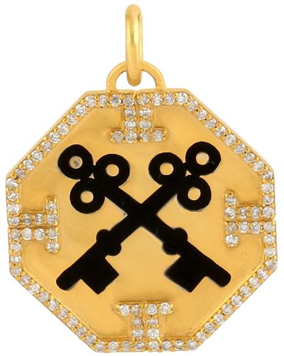 Artisan Octagonal Cross Keys Enamel Pendant In Studded Diamond With 14k Yellow - Metallic