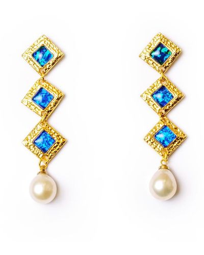 EUNOIA Jewels Sahara Tiered Drop Opal Gold Earrings With Freshwater Pearl - Metallic